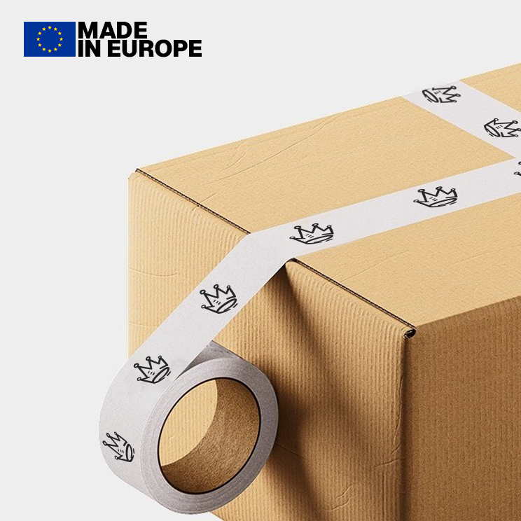beoopsie shipping box sealed with crown-print tape beside a Made in Europe badge