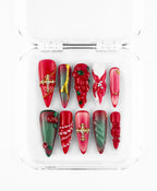 Cardinal's Blessing press-on set: red and green stilettos with gold crosses and pearls