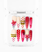 Early Bloom press-on set: nude and magenta stilettos with ladybugs, florals and gold bands