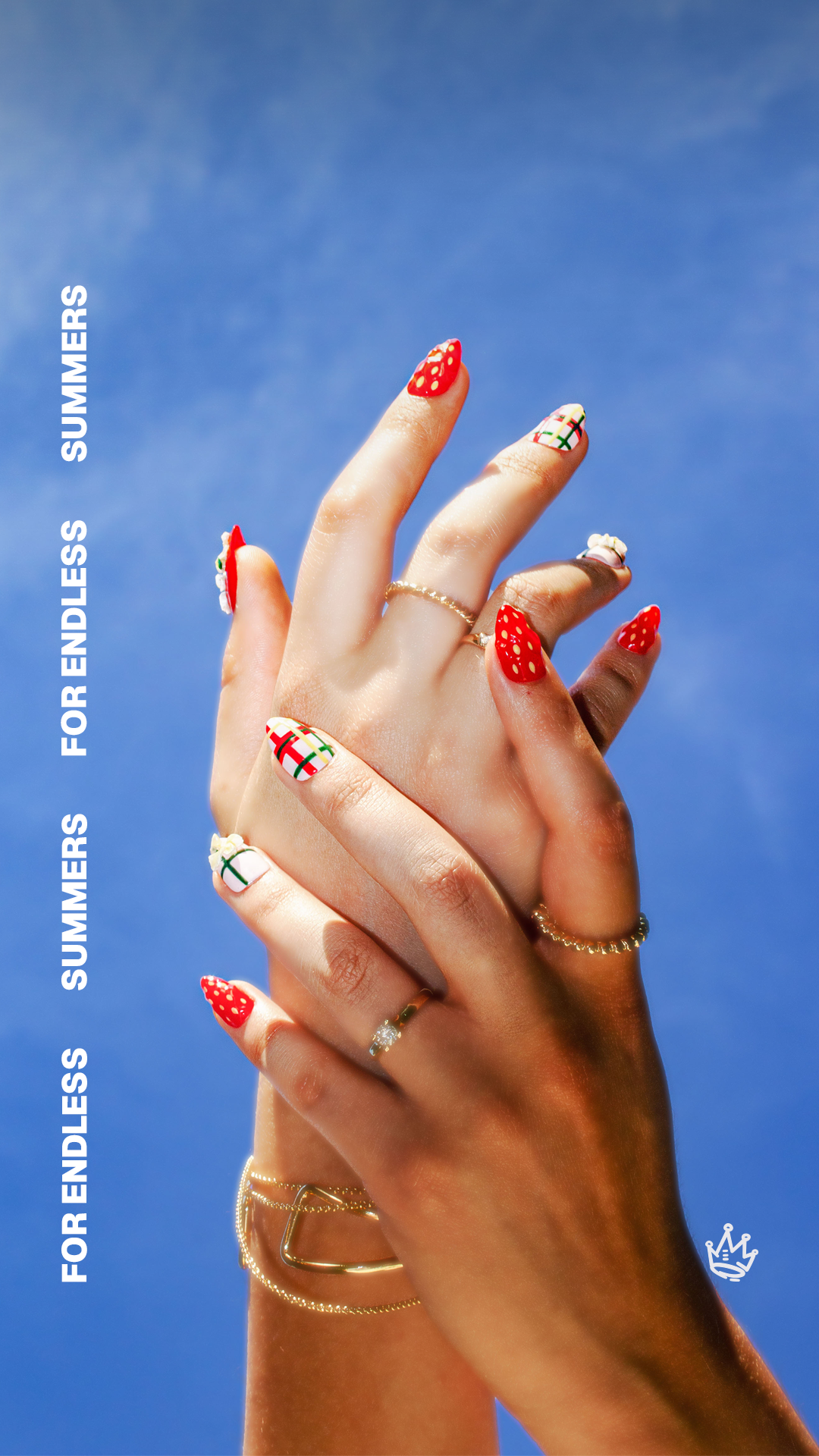 For Endless Summers mobile hero with strawberry press-on nails against a blue sky