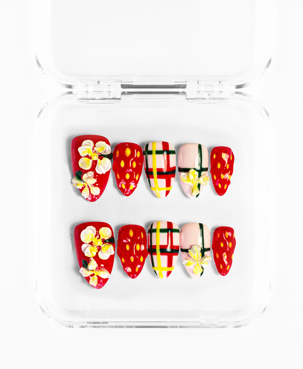 Wildflower Berries press-on set: strawberry, plaid and floral nails in red, yellow and green