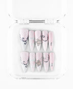 Winter Crown press-on set: pink and white stilettos with lace, filigree and rhinestones