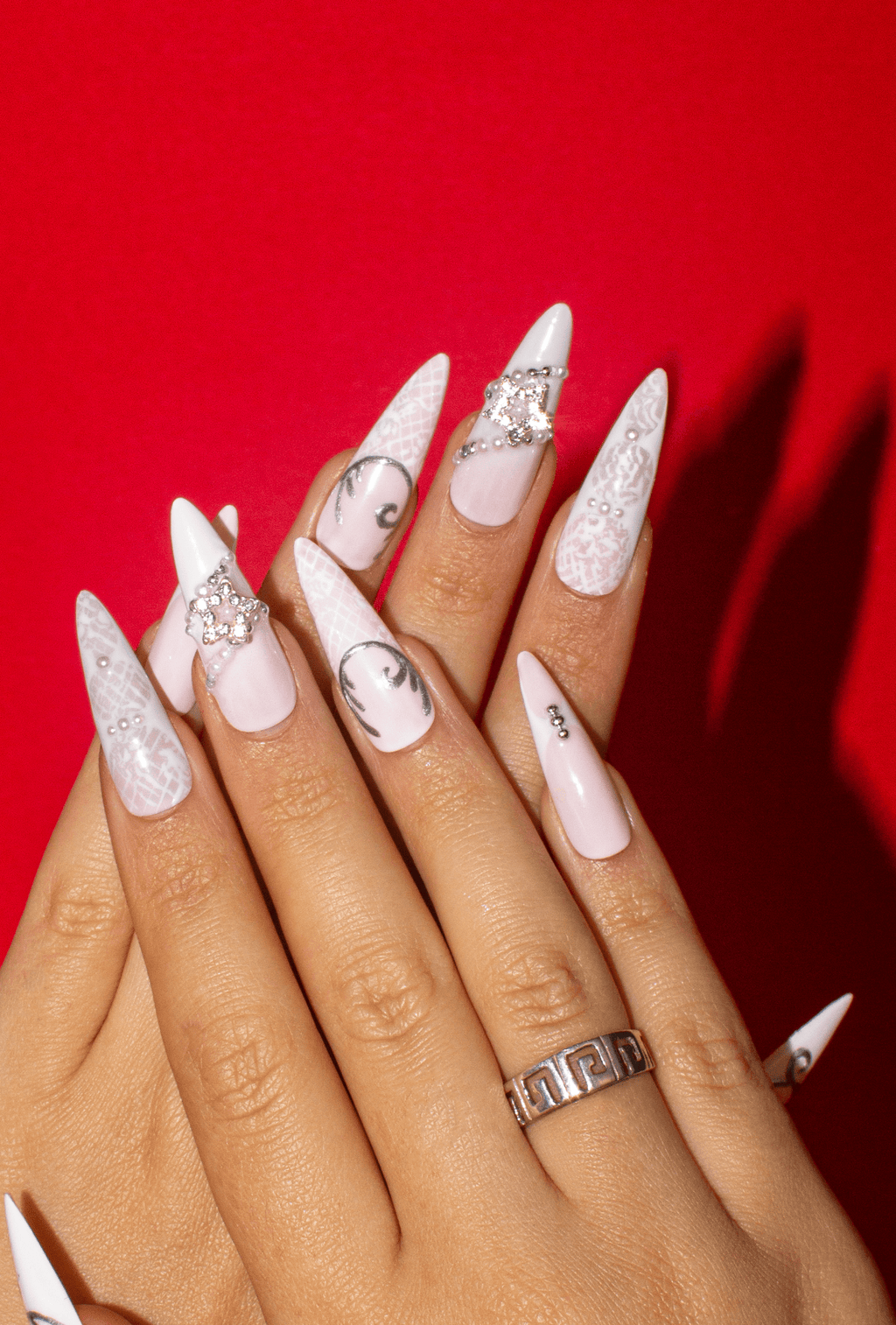 Bridal press on nails pink with rhinestone crown details