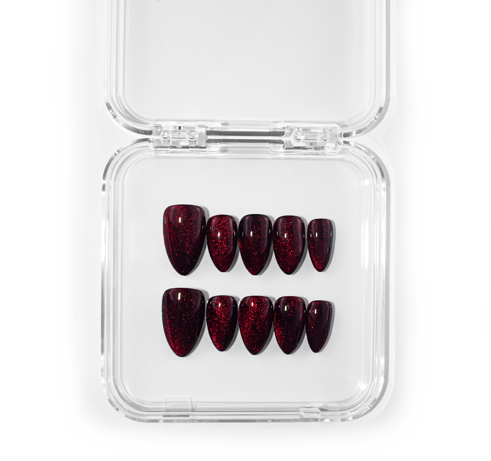 Deep rose short almond press-on nails with magnetic cat-eye effect