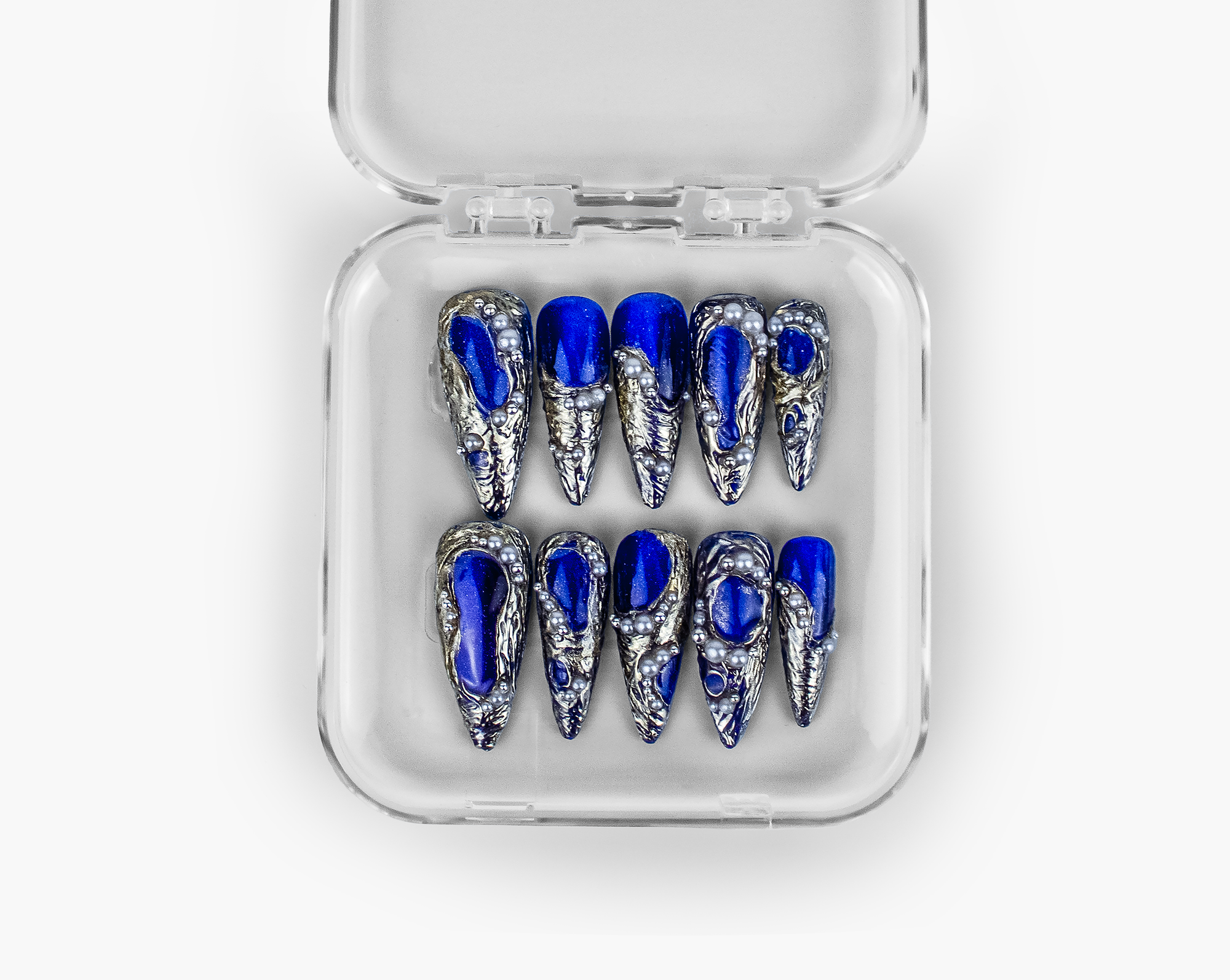 Midnight blue chrome press-on nails with silver foil accents