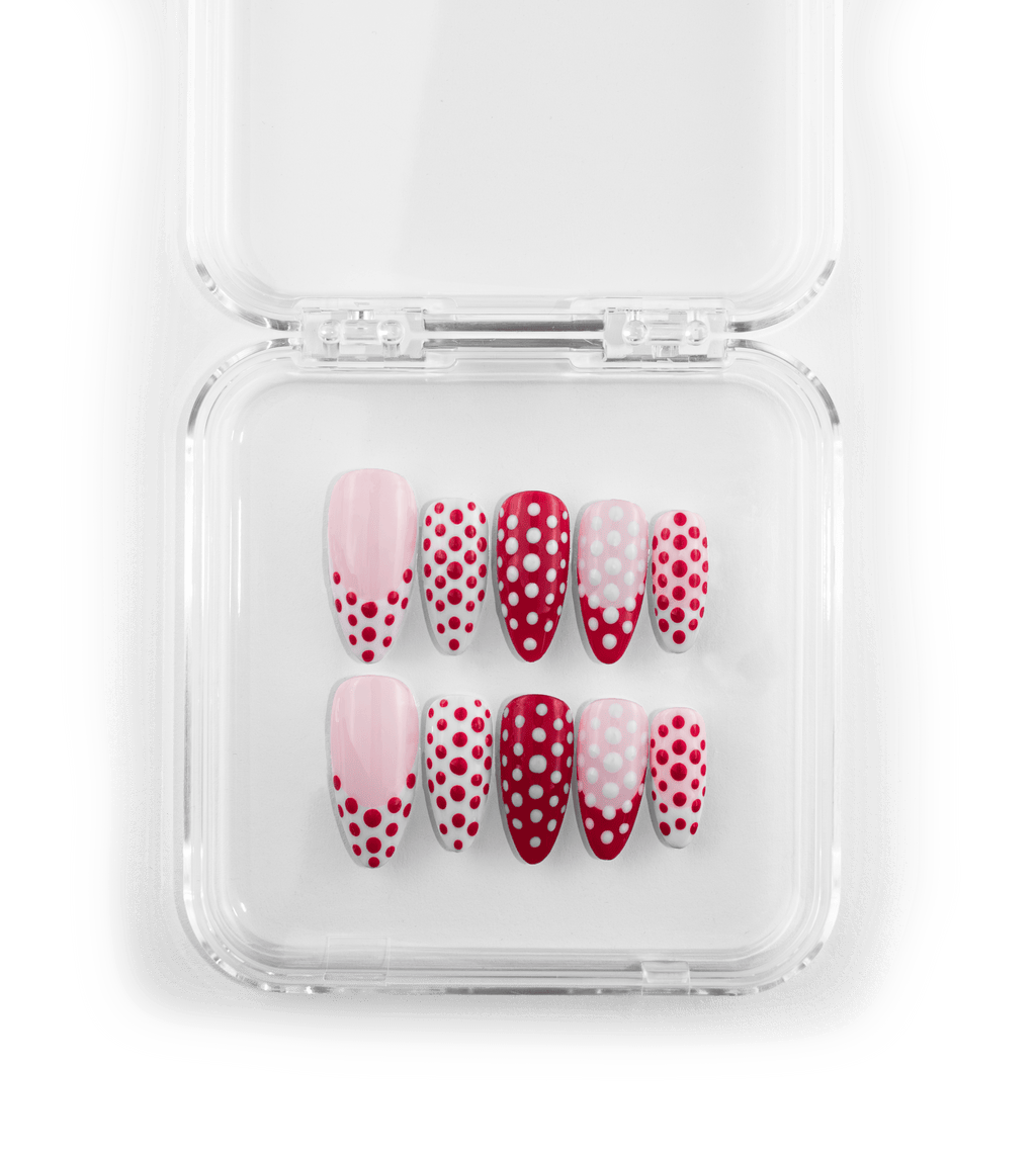 Pink polka dot press-on nails handmade in Romania