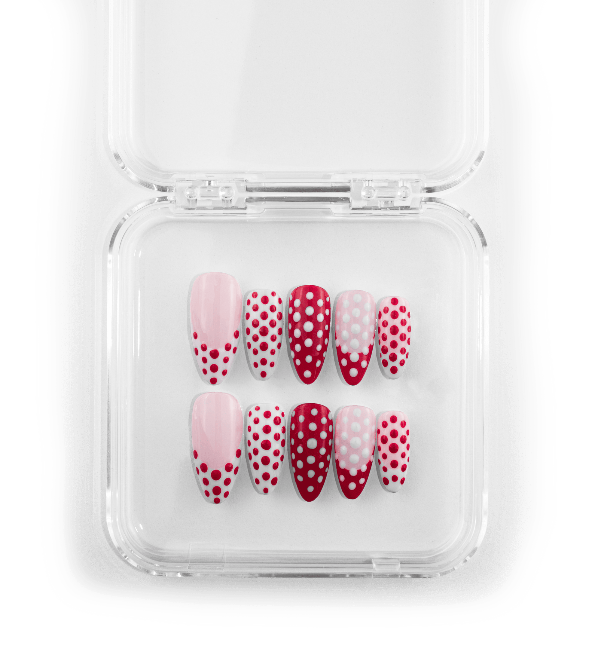 Pink polka dot press-on nails handmade in Romania