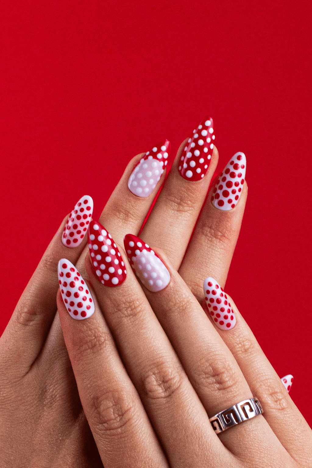 Pink polka dot press-on nails handmade in Romania Close Up