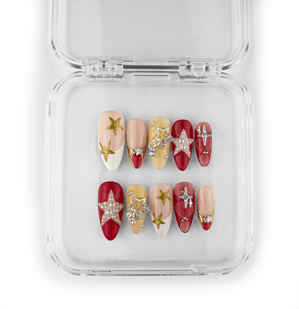 Starfall holiday star press-on nails with gold silver pearls