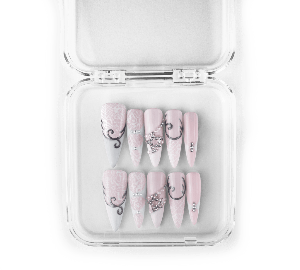 Winters crown pink wedding press-on nails with lace and rhinestones