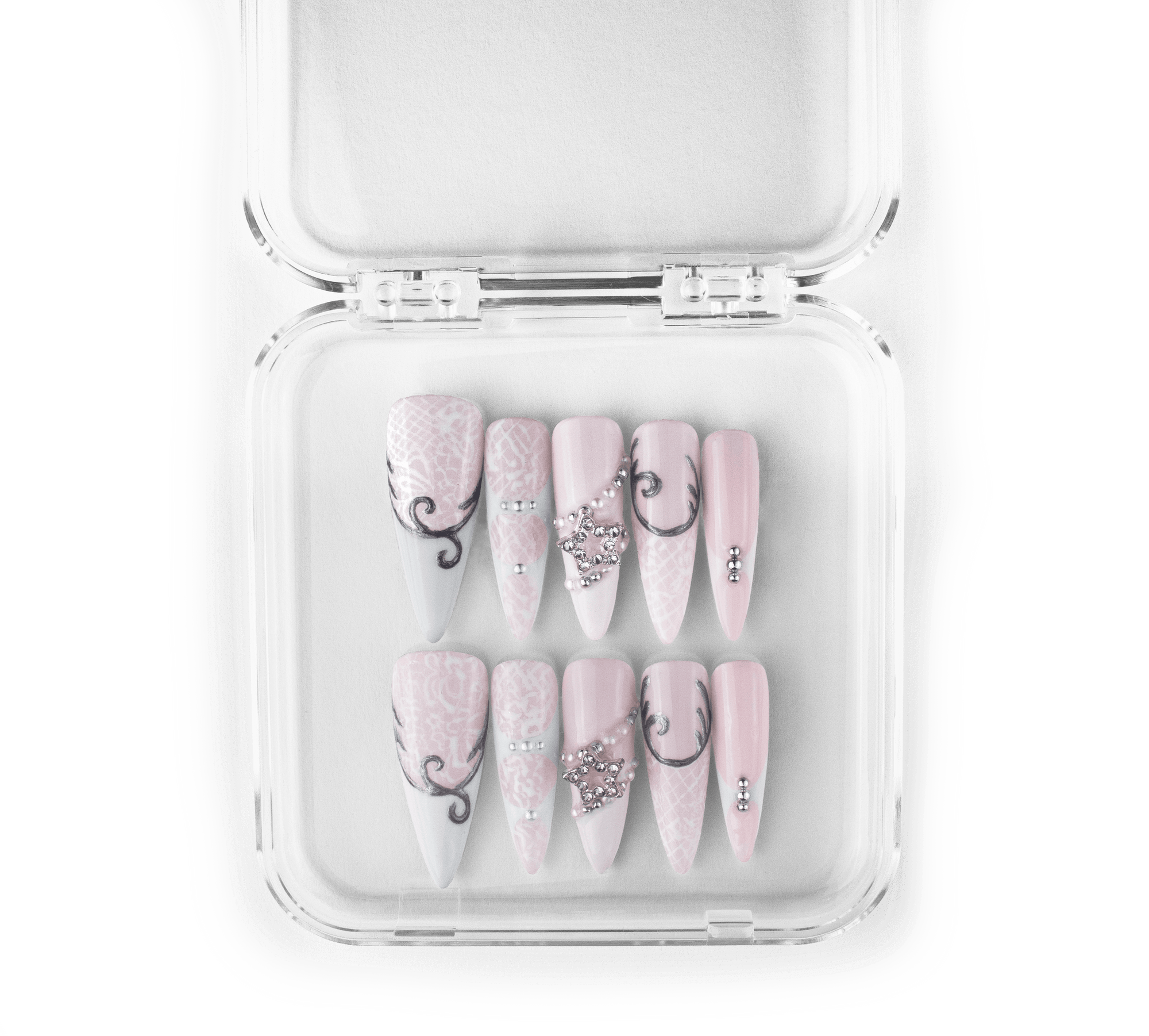 Winters crown pink wedding press-on nails with lace and rhinestones